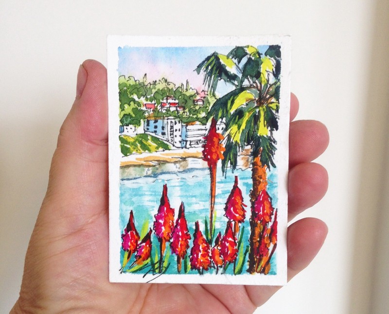 ACEO Original Art Laguna Beach California Painting Small Watercolor Seascape