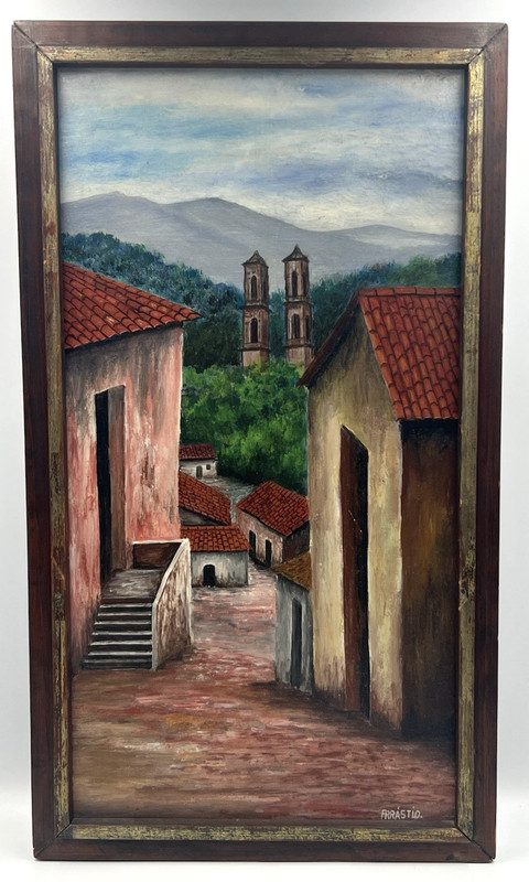 Orig Oil Painting F.R. Rastio Signed 10.75×19 Mexican Taxco Village Scene MCM