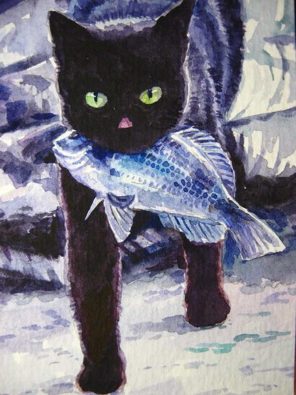 Watercolor Painting Cat Kitten Fish Fishing ACEO Art