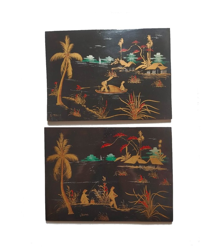 2 VTG Black Lacquer Gold Japanese Painting Wood Wall Art Plaque Signed