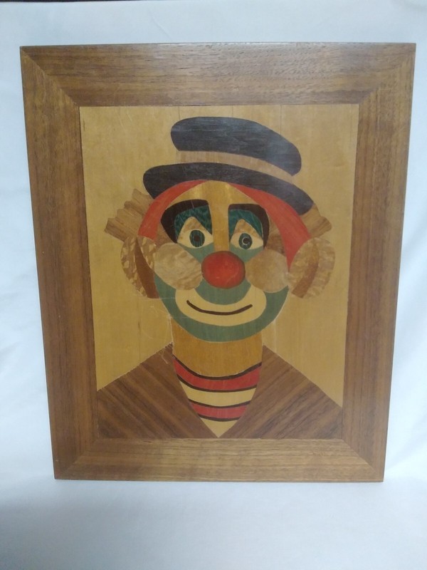 VINTAGE 1978 ARTIST SIGNED HOBO CLOWN HAND PAINTED ON 14X12 WOOD PLAQUE