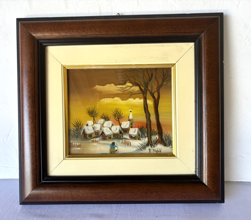 Branimir Bijelic Oil on Glass Naive Art Croatian Village Folk Painting Framed
