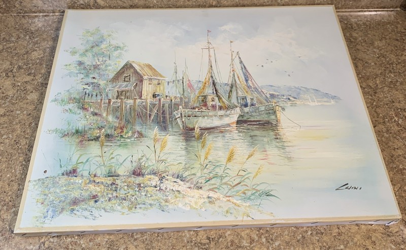 John Luini ~ Harbor Fishing Boats ~ Vintage Canvas Oil Painting ~ 20”x24”