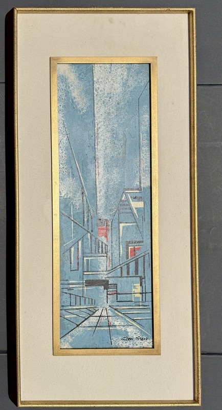 Chas Stone Geometric Abstract Industrial Painting MCM 33.5”x15.5” Blue Signed