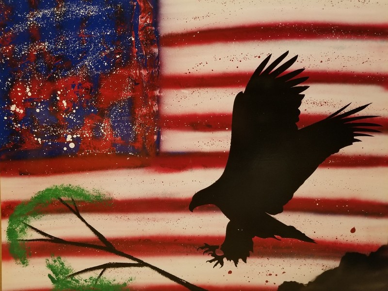 Original Spray Paint Art-Red/White/Blue American Flag With Landing Eagle 22×28