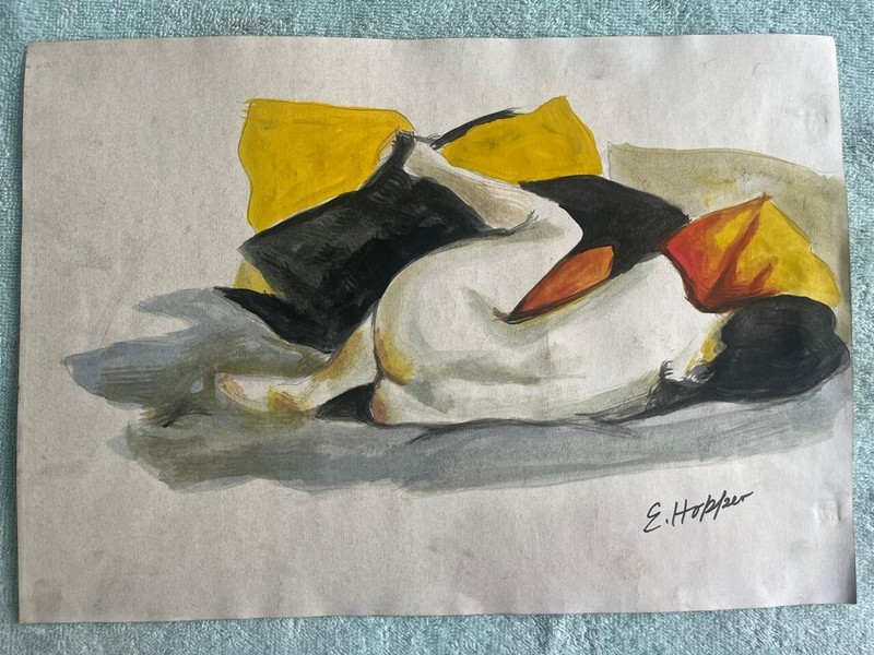 EDWARD HOPPER drawing AND painting on old paper signed stamped vintage