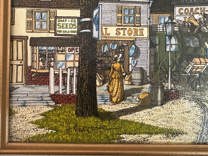 1985 - Signed H. Hargrove - General Store/Coach-Stop Serigraph on Canvas -Framed gallery
