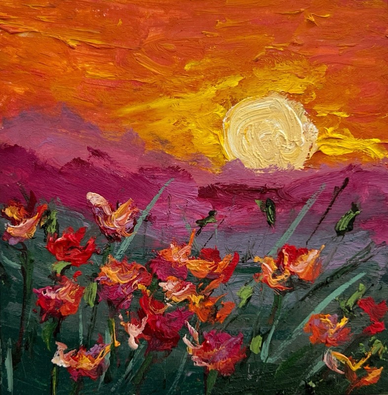 Poppy Field Sunset Landscape Original Oil Painting Abstract Poppy Flowers Art gallery