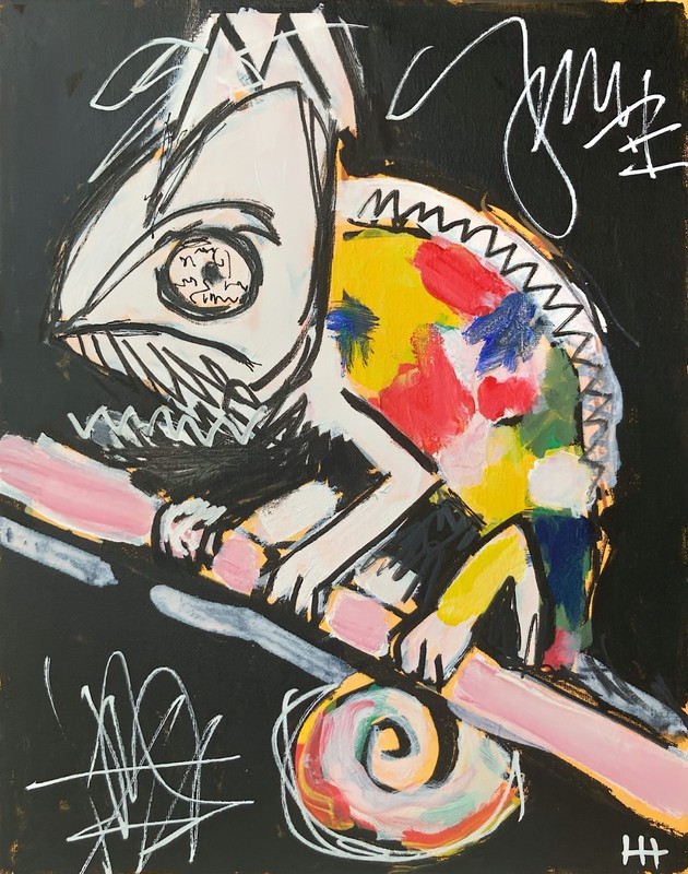 Hand Painted Neo Expressionist Chameleon Acrylic 11x14 Canvas, Holly Hammond gallery