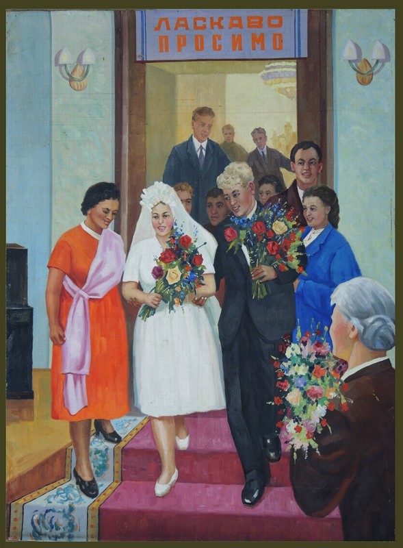 Old Oil PAINTING USSR Soviet Ukraine WEDDING CEREMONY 1960 Socialist Realism Big