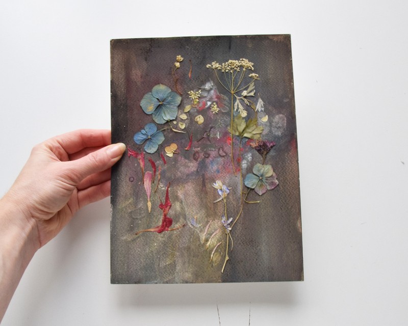 Pressed flower artwork on dark, Botanical herbarium dried leaves art gallery