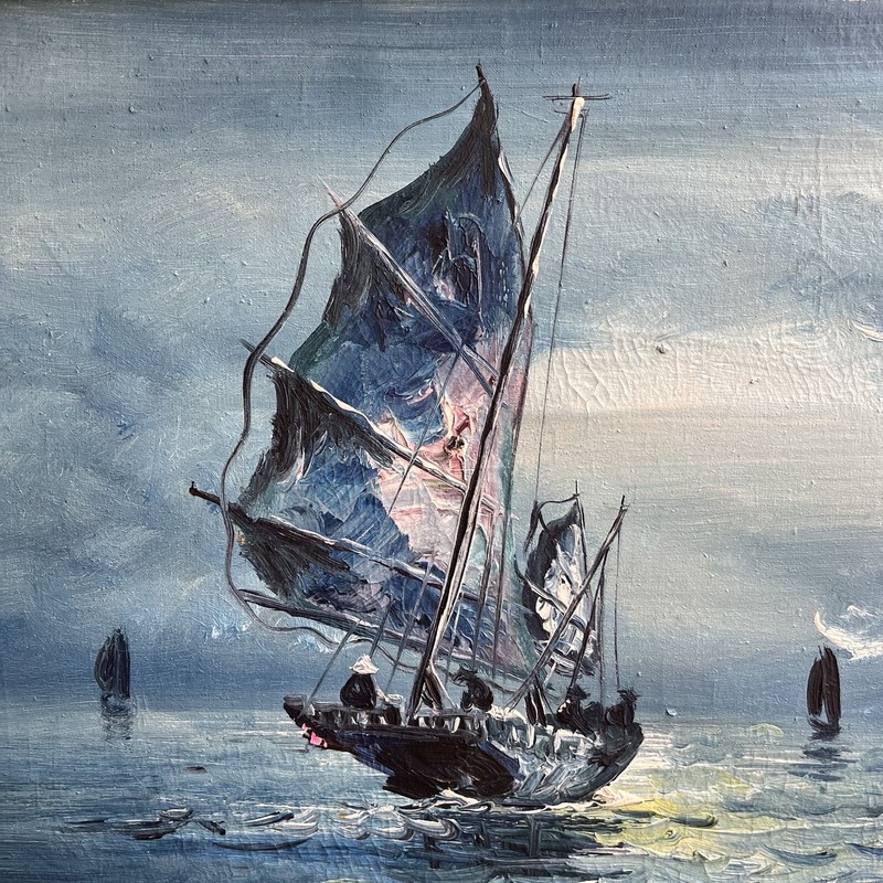 ORIGINAL OIL PAINTING By A Chinese Artist, Chinese Junk Boat, Vintage,
