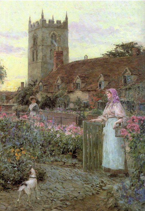 Oil painting female portrait countrywoman with dog in her spring yard landscape