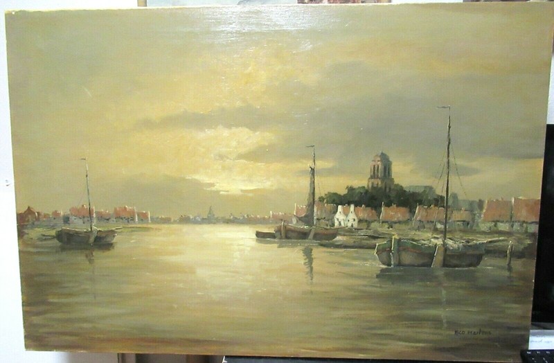 NICO MARTENS HUGE ORIGINAL OIL ON CANVAS SHIPS AT PORT SEASCAPE PAINTING