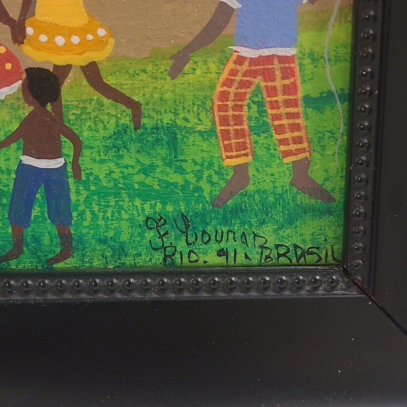 F. Lourenço Signed Framed Folk Art Painting Village Scene Children Dancing gallery