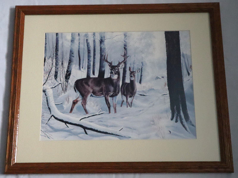 Vintage 1986 Deer in Winter painting copyright signed Charles H. Denault