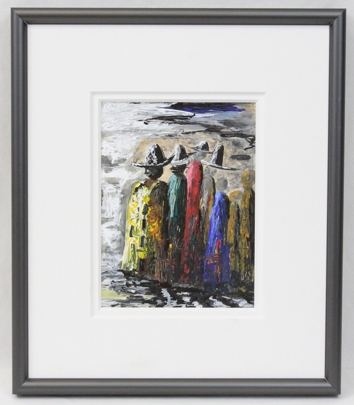 Framed Mexican Original Oil or Acrylic Painting Signed WPC Figures with Hats