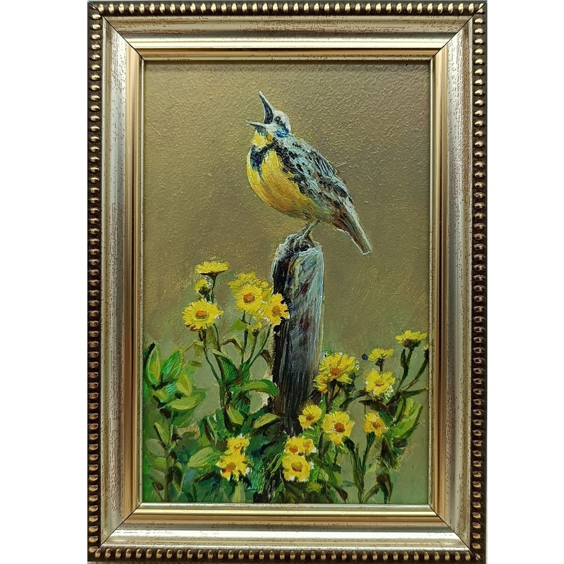 Bird Original Oil Painting 4×6 Framed Signed Singing Yellow Meadow Flowers Art