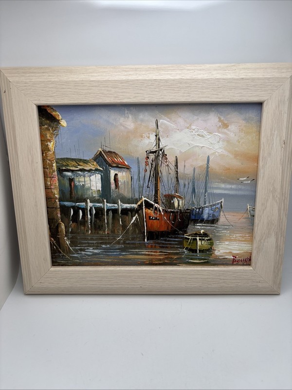 Vintage Oil Painting Boats Docked In Harbor Signed By Artist 12 X 10 1/2”