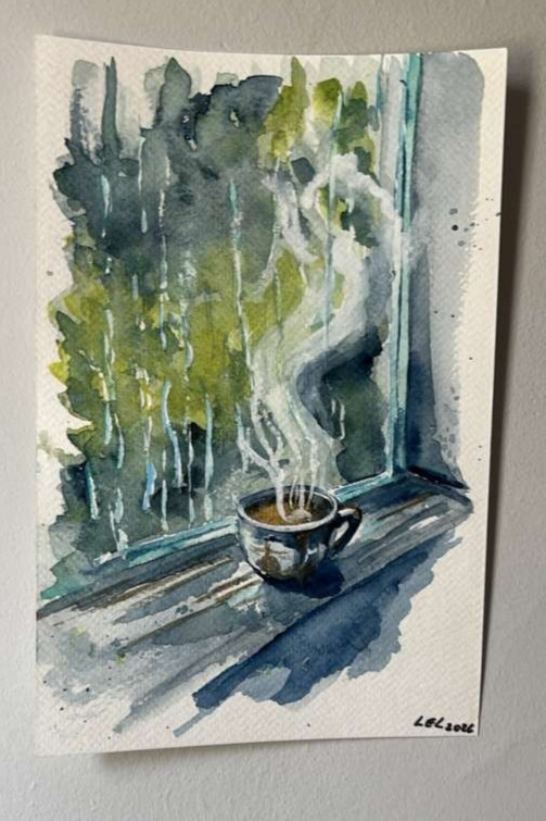 Watercolor on Paper Hand Made Morning Coffee 9 x 6 in Signed Unique