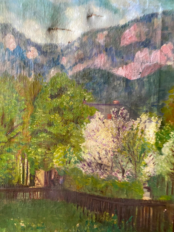 Oil Painting Blooming Park Before Bergkette With Obstbäumen Cherry Blossoms gallery