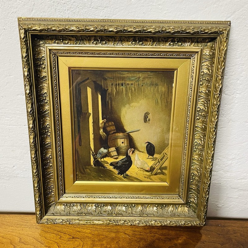 Farmyard Scene Painting PRINT with Chickens and Rooster in Ornate Gold Frame gallery
