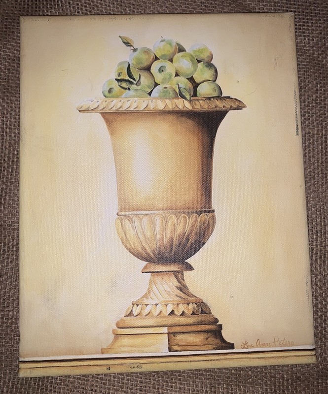 Original 2007 Signed Lou Ann Peters Green Apples In Urn 4”W 6”T Canvas NC #1of2