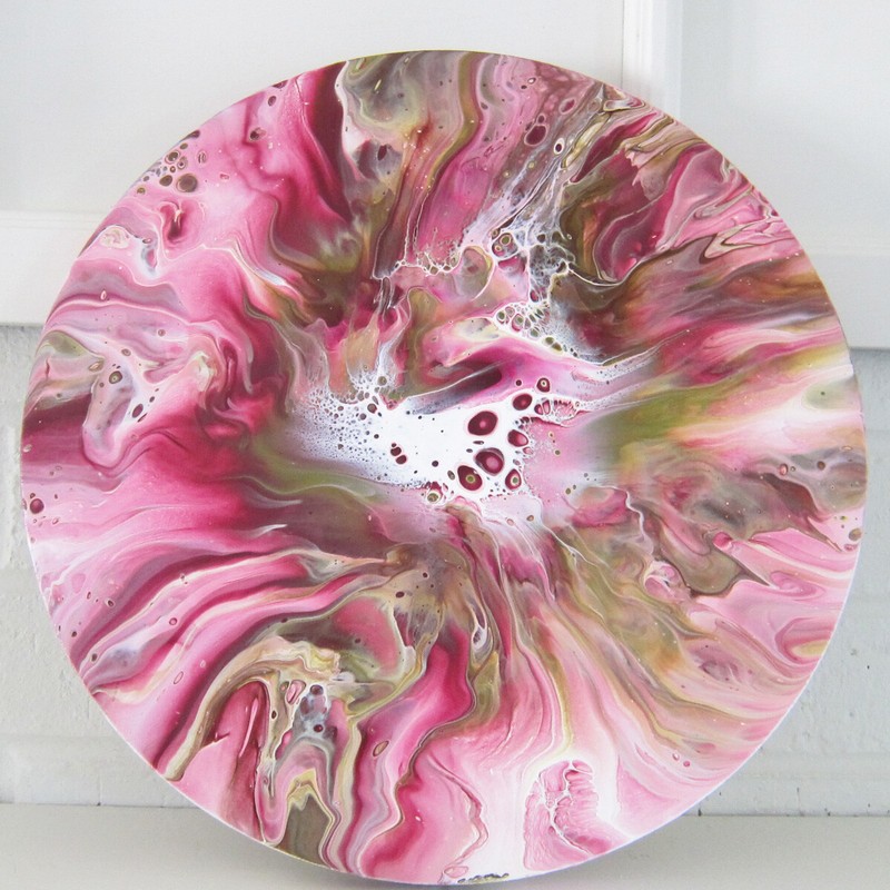 12″ Round Berries and Cream Abstract Acrylic Fluid Art Painting Pink Green Blush