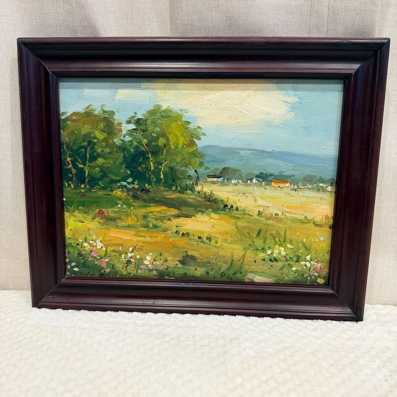 Framed Oil on Canvas Landscape Painting of Countryside with Trees