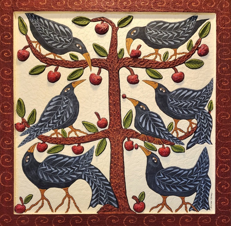 Danette Sperry Southern Primitive Crow Bird Folk Art Painting «SEVEN LUCKY CROWS