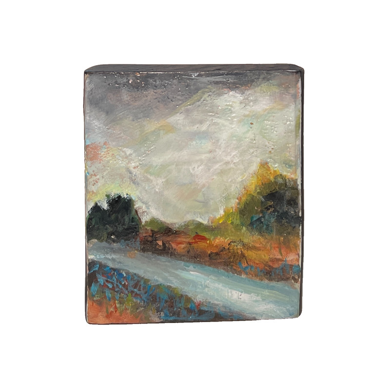 Mary Myers Original Art Block Mini River Landscape Reclaimed Wood Expressionist