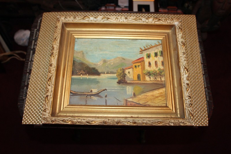 Antique Holland Dutch Oil Painting Ocean Village Town House Boat Signed Painting