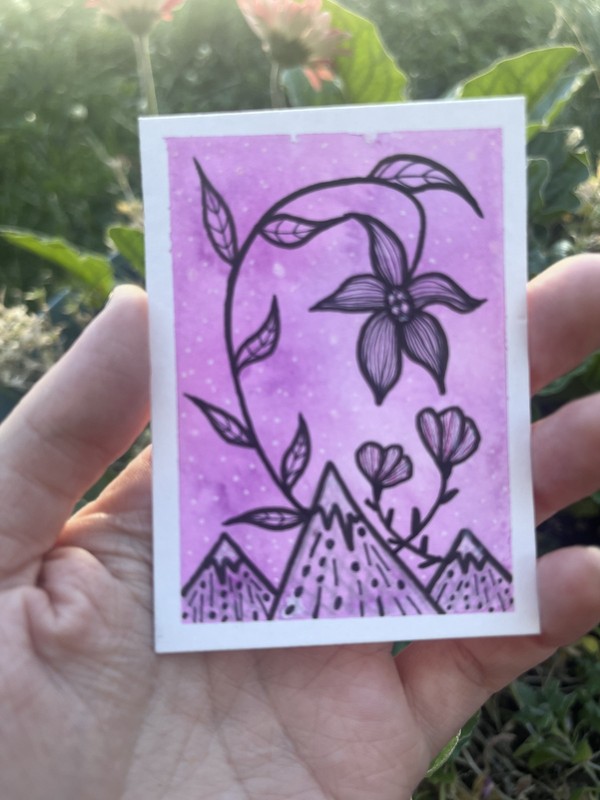 ACEO Original Art Card Mixed Media Ink & Watercolor Botanical Mountains Drawing