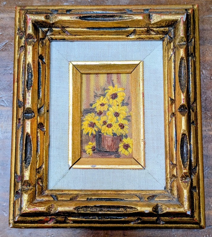Vintage Miniature Oil Painting Yellow daisy flowers Gold Frame Floral