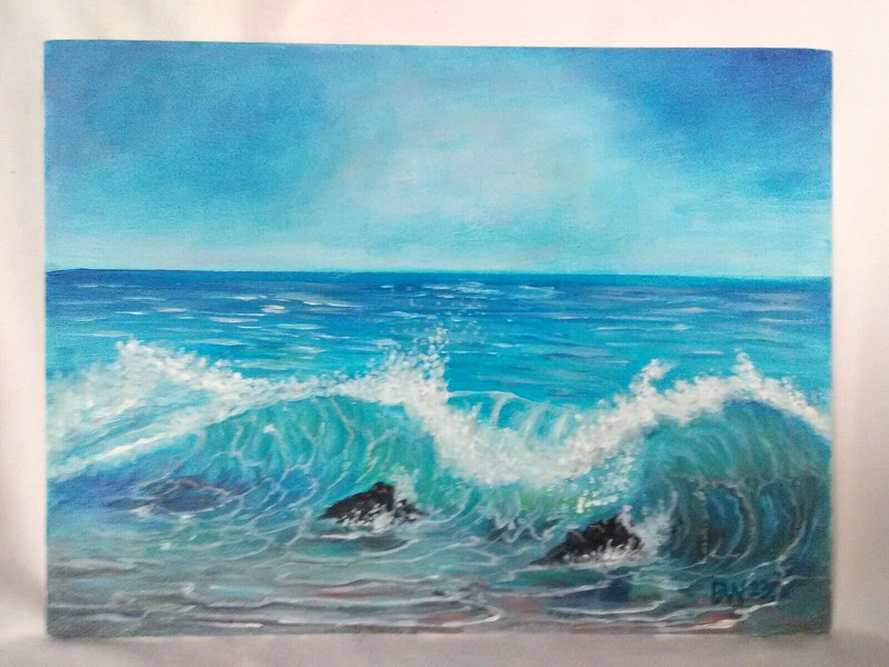Original Acrylic Painting Coastal Wave Seaside 9X12 Canvas Wall Art Artwork