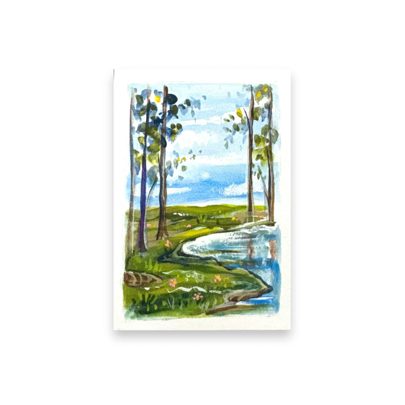ACEO Original, Abstract Prairie Water Landscape, Mini Acrylic Forest Painting