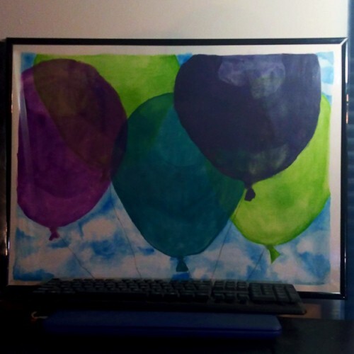 Watercolor Painting of 4 ballons in the sky with clouds on Paper, 18x24in gallery