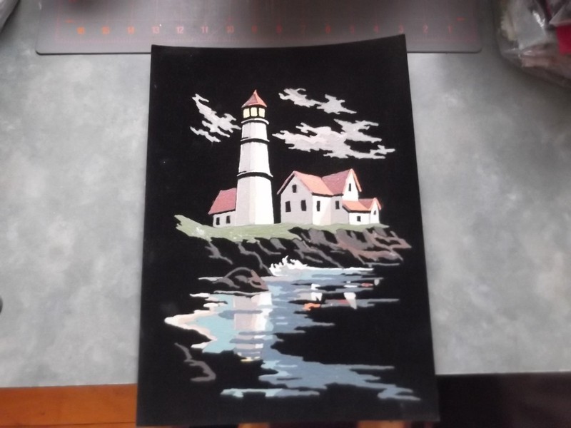 Vintage Paint By Number On Velvet Board. Lighthouse & Water. 14” X 10” Unframed