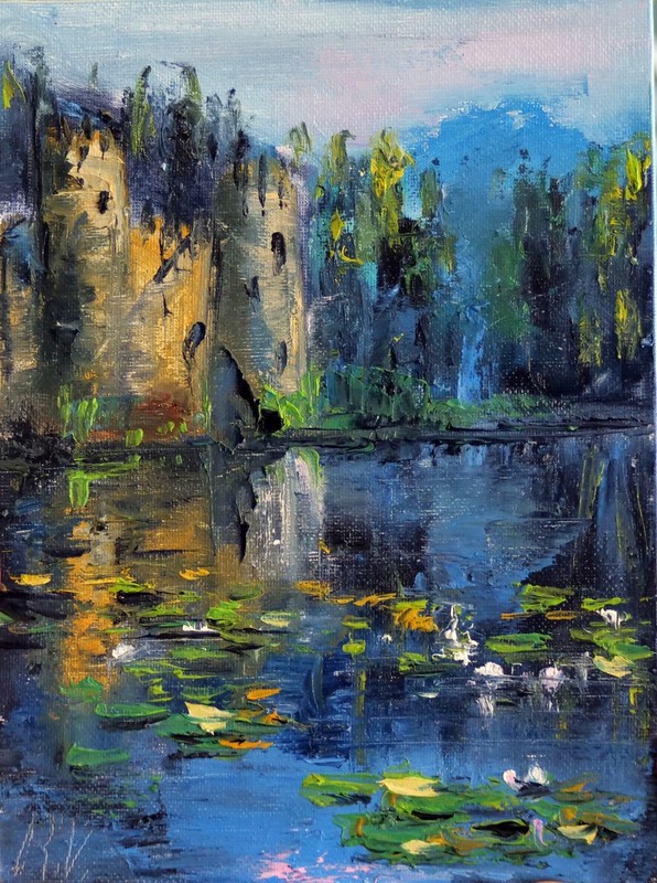 Mysterious Scottish Castle and Lily Pond 7×9.5″ Textured Landscape Oil Painting