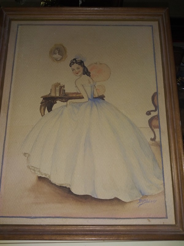 Original Southern Belle Lady Watercolor Picture Signed Billie Lindsay No Glass