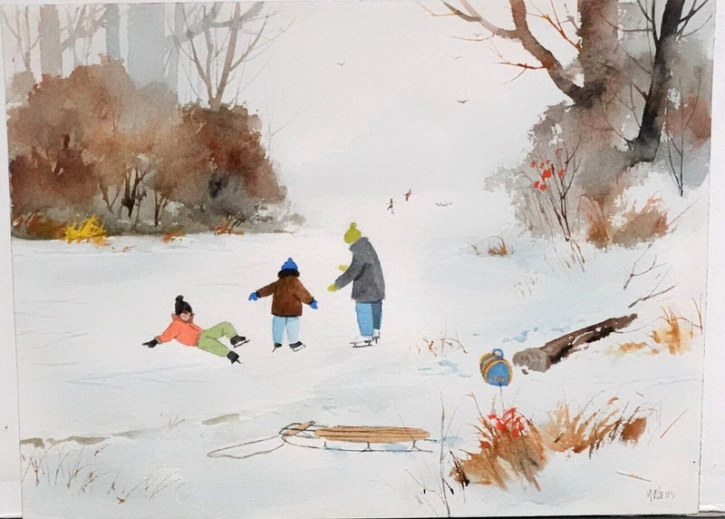 M. WELLS KIDS PLAYING IN THE SNOW ORIGINAL WATERCOLOR LANDSCAPE PAINTING