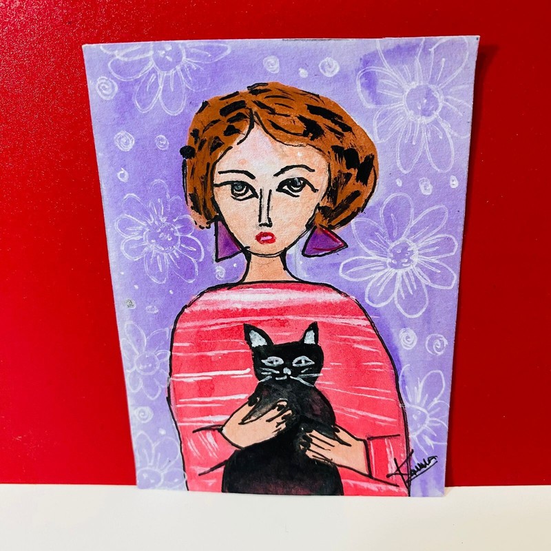 ACEO Girl with Black Cat Whimsical Style Art Acrylic Painting card Unframe NEW