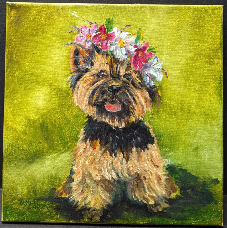 Original Oil Painting of a Yorkie Terrier Called «Flower Girl» By Brandt Carter
