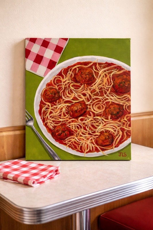 Spaghetti & Meatballs Painting Nostalgic Italian Food Kitchen Art 20×16