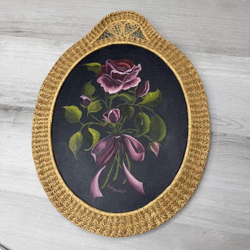 Floral Painting Wicker Frame Cottagecore Shabby Chic Rose Wall Art Oval VTG