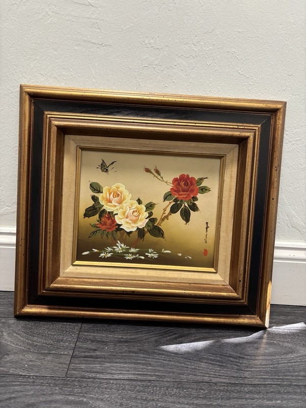 Vintage Original Framed And Signed Asian Floral And Butterfly Oil Painting.