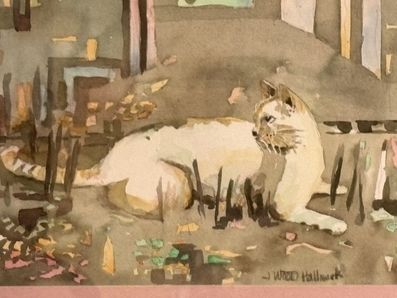 VTG Painting J Wood Hallmark Watercolor Abstract Cat 17x21 Signed Matted Framed gallery