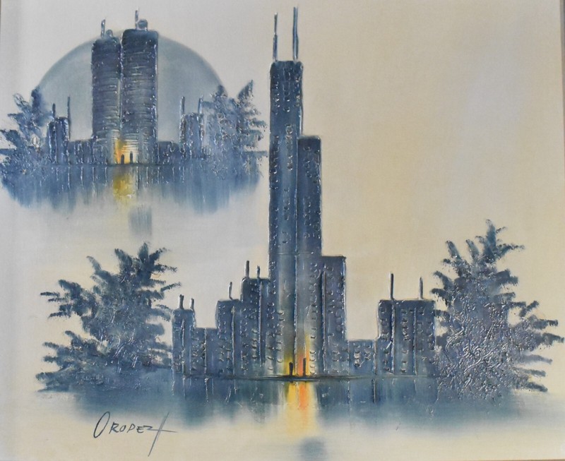 EDUARDO OROPEZA Mid-Century Modern Chicago Skyline Oil on Canvas, 26" x 30" gallery