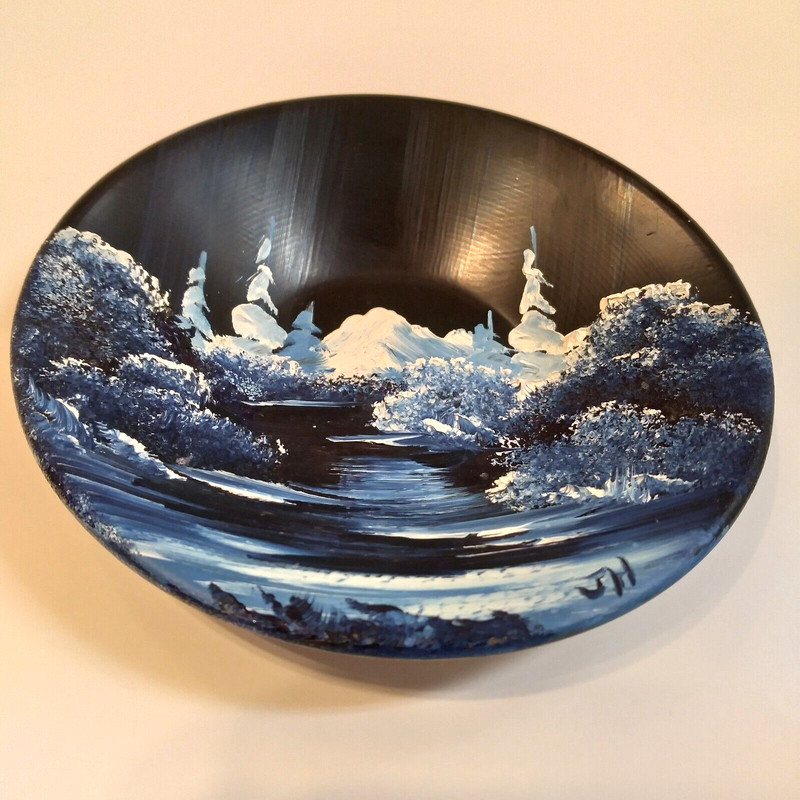 Gold Mining Pan Hand Painted Signed Alaskan Snowy Mountain Folk Art gallery