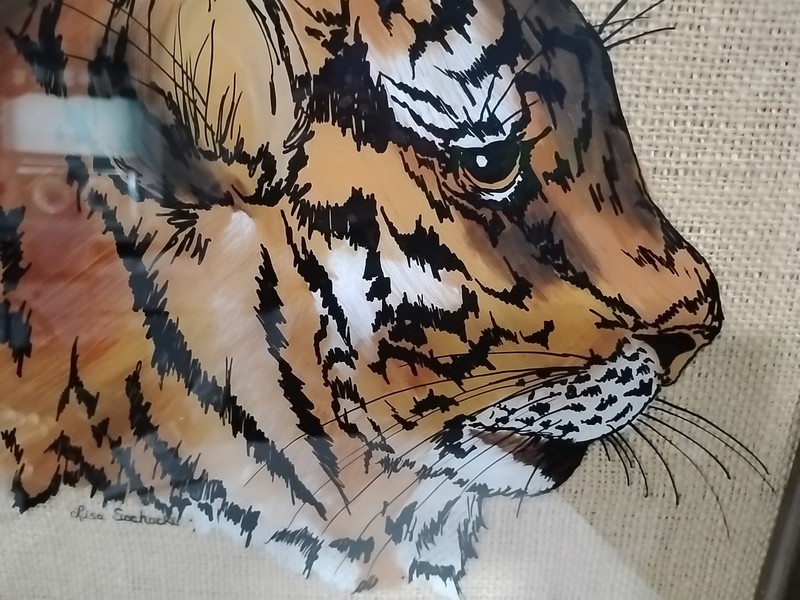 Vintage Art Reverse Glass Painting Of Tigers Head Frame 16”x14” Signed By Artist gallery